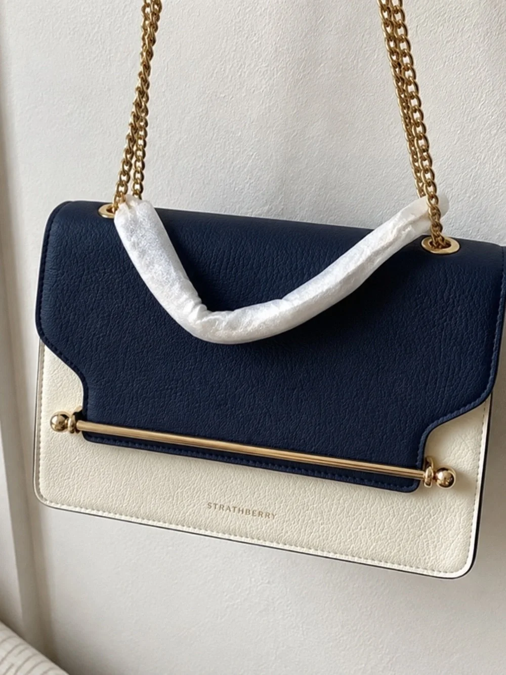 Tory Burch Navy and Cream Leather Crossbody with Gold Chain
